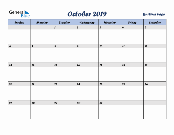 October 2019 Calendar with Holidays in Burkina Faso