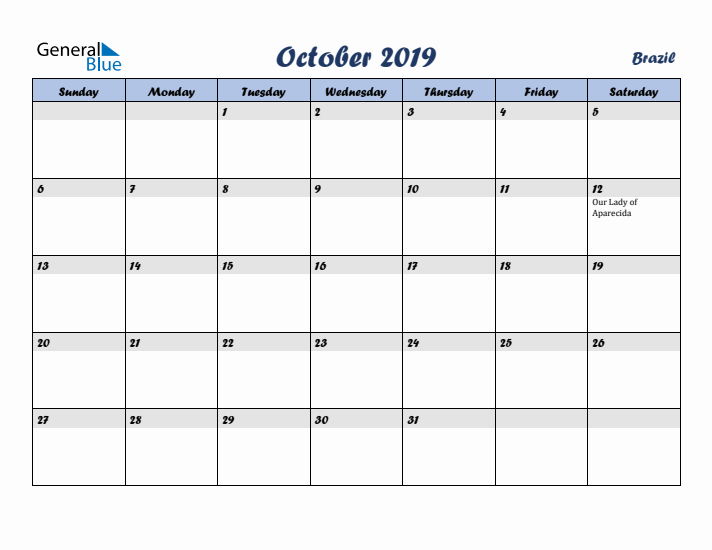 October 2019 Calendar with Holidays in Brazil