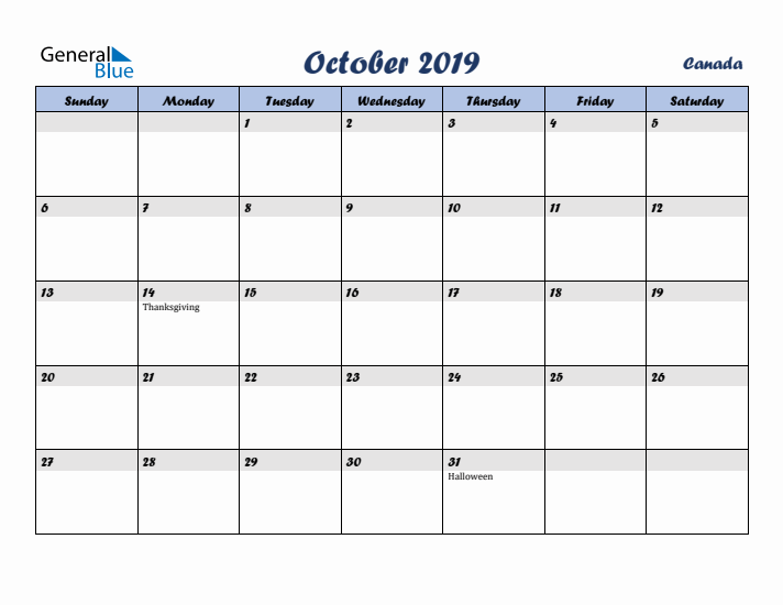 October 2019 Calendar with Holidays in Canada