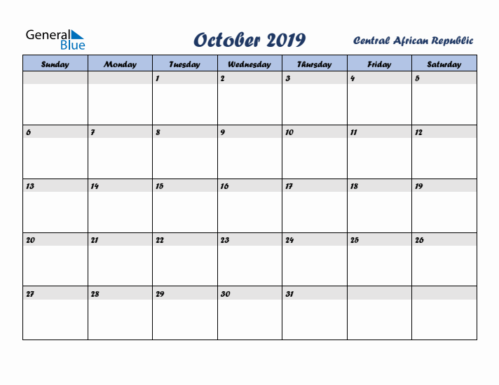October 2019 Calendar with Holidays in Central African Republic