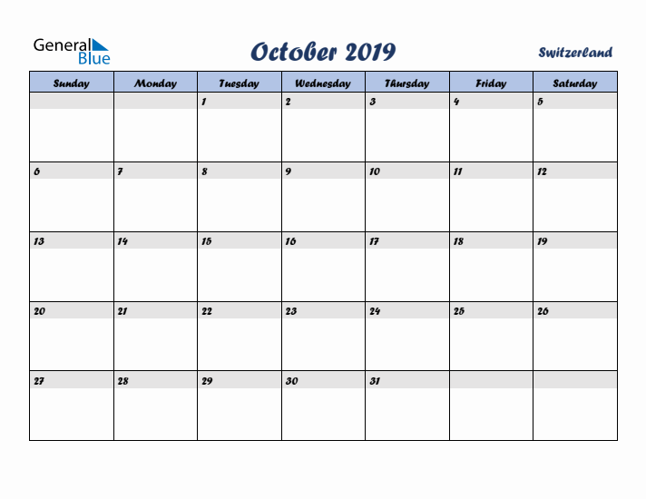 October 2019 Calendar with Holidays in Switzerland