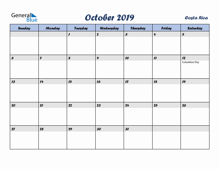 October 2019 Calendar with Holidays in Costa Rica