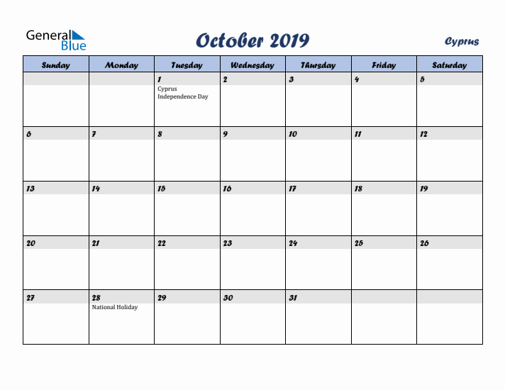 October 2019 Calendar with Holidays in Cyprus