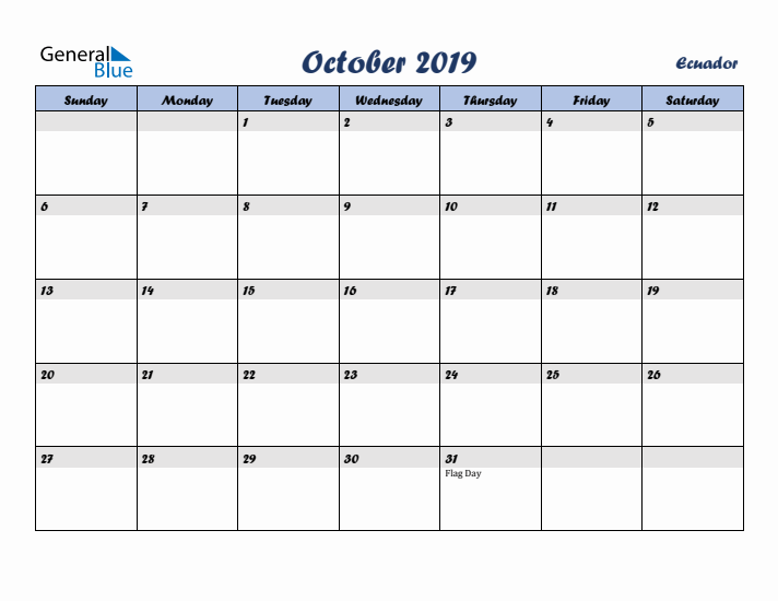 October 2019 Calendar with Holidays in Ecuador