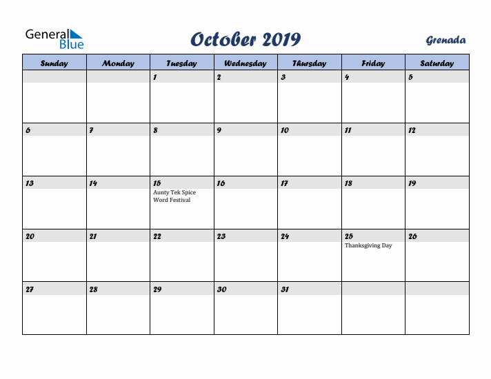 October 2019 Calendar with Holidays in Grenada