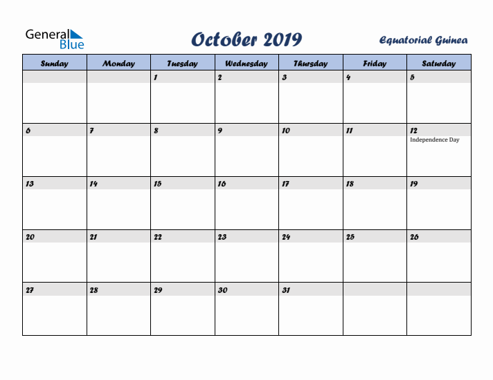 October 2019 Calendar with Holidays in Equatorial Guinea
