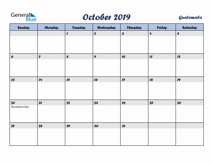 October 2019 Calendar with Holidays in Guatemala