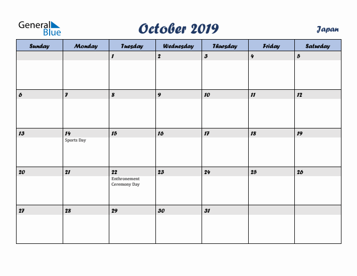 October 2019 Calendar with Holidays in Japan