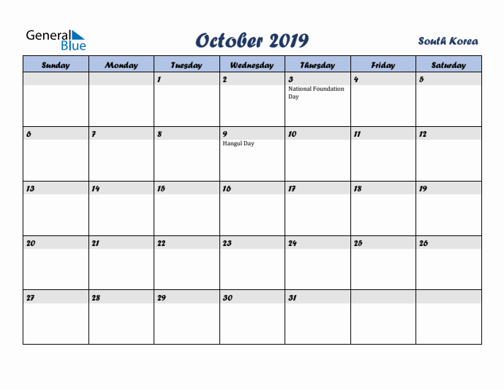 October 2019 Calendar with Holidays in South Korea
