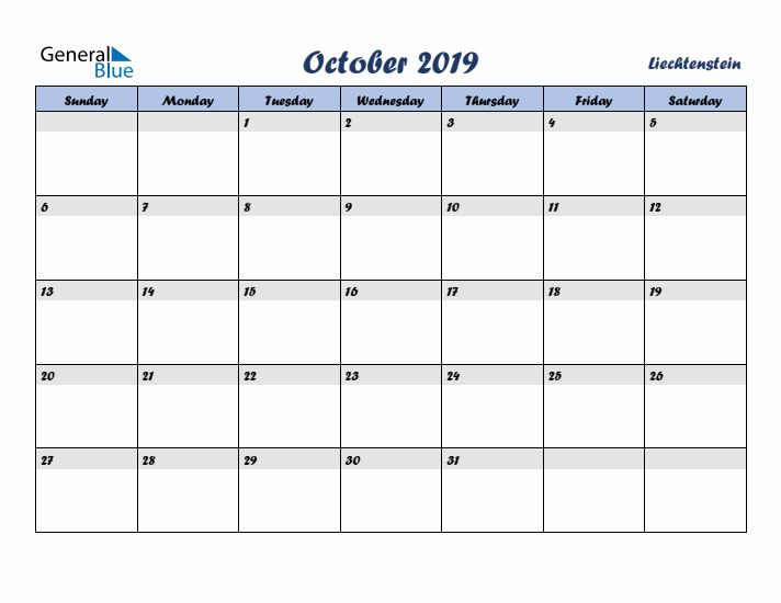 October 2019 Calendar with Holidays in Liechtenstein