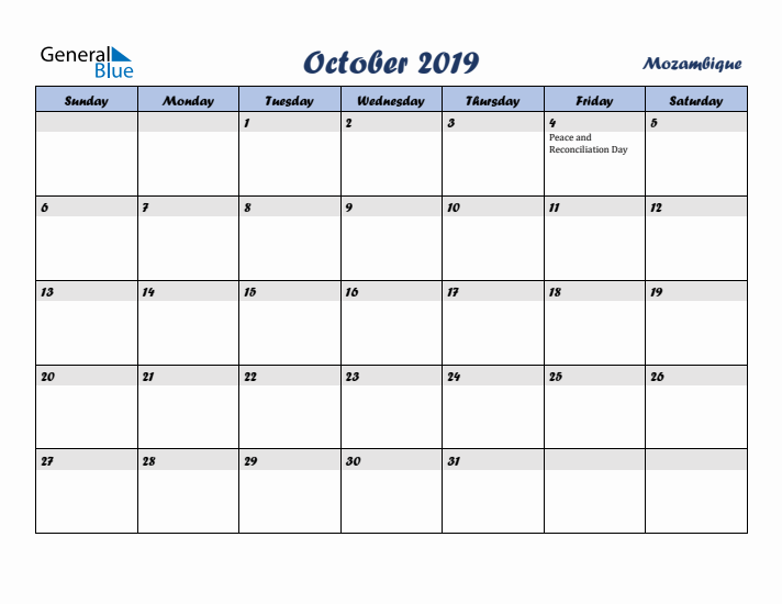 October 2019 Calendar with Holidays in Mozambique