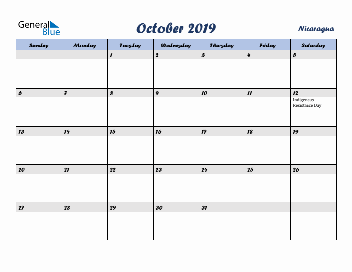 October 2019 Calendar with Holidays in Nicaragua