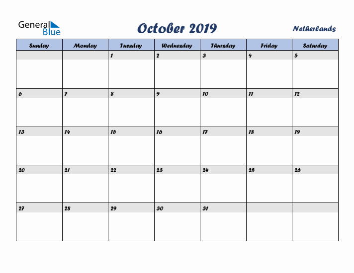 October 2019 Calendar with Holidays in The Netherlands