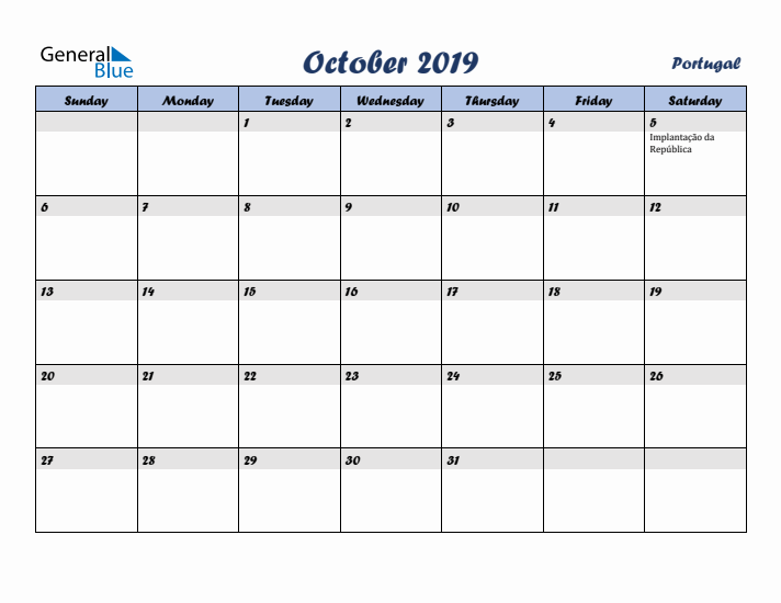 October 2019 Calendar with Holidays in Portugal