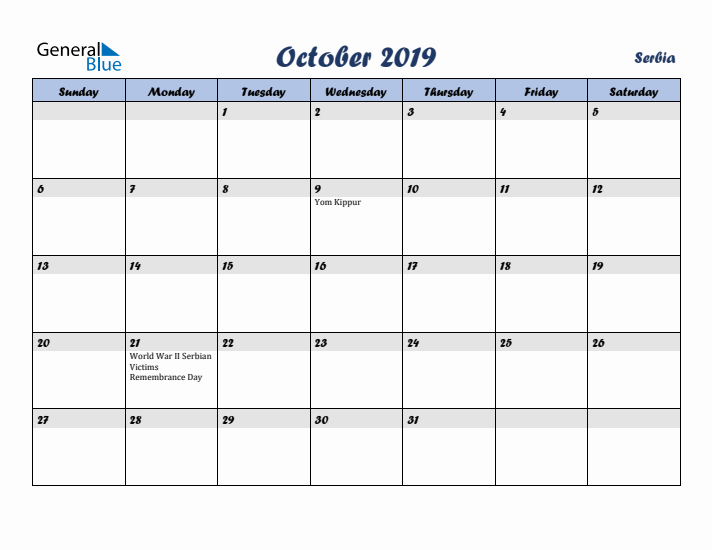 October 2019 Calendar with Holidays in Serbia