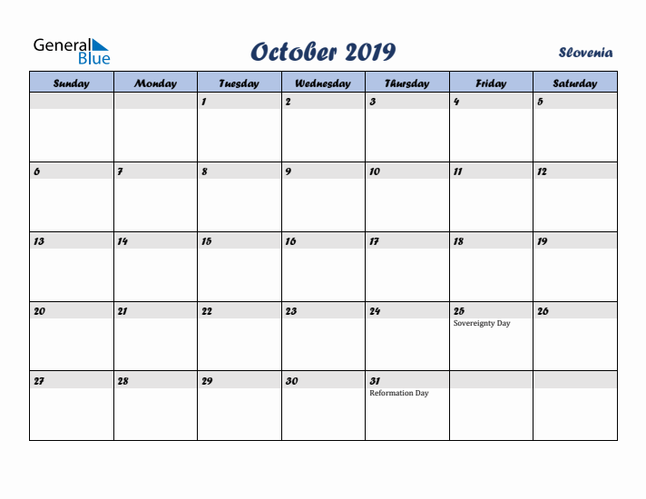 October 2019 Calendar with Holidays in Slovenia