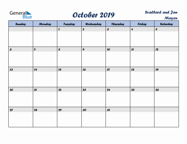 October 2019 Calendar with Holidays in Svalbard and Jan Mayen