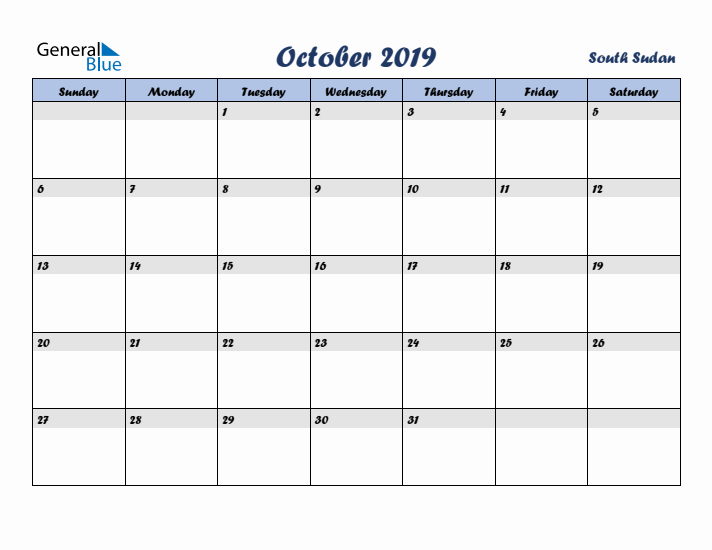 October 2019 Calendar with Holidays in South Sudan