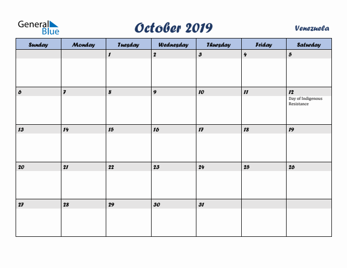 October 2019 Calendar with Holidays in Venezuela