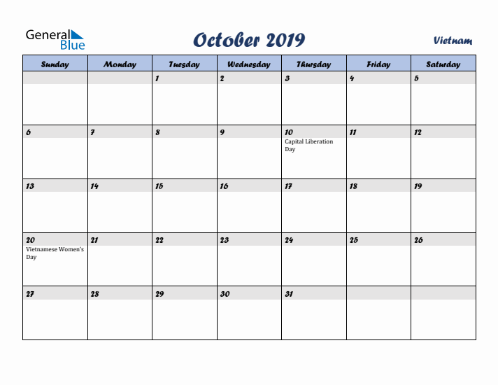 October 2019 Calendar with Holidays in Vietnam