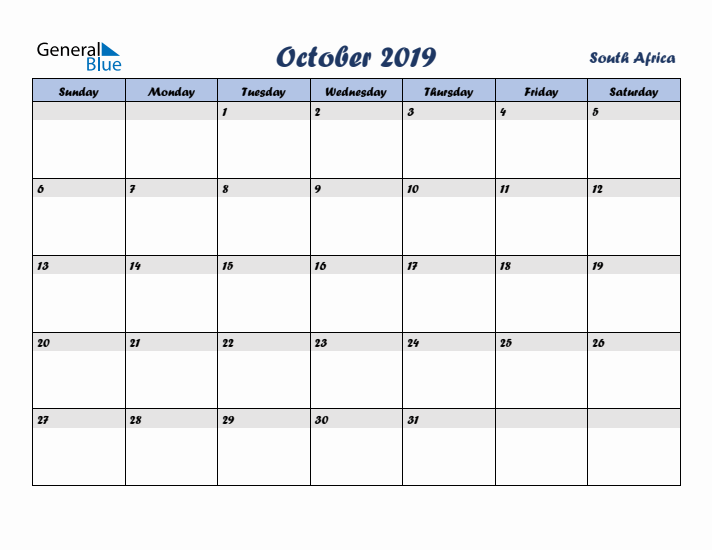 October 2019 Calendar with Holidays in South Africa