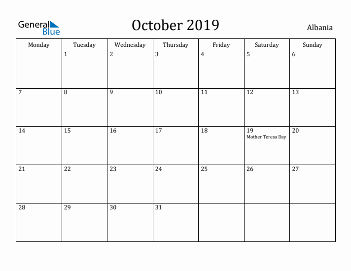 October 2019 Calendar Albania
