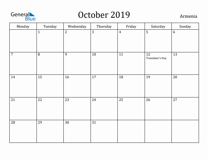 October 2019 Calendar Armenia