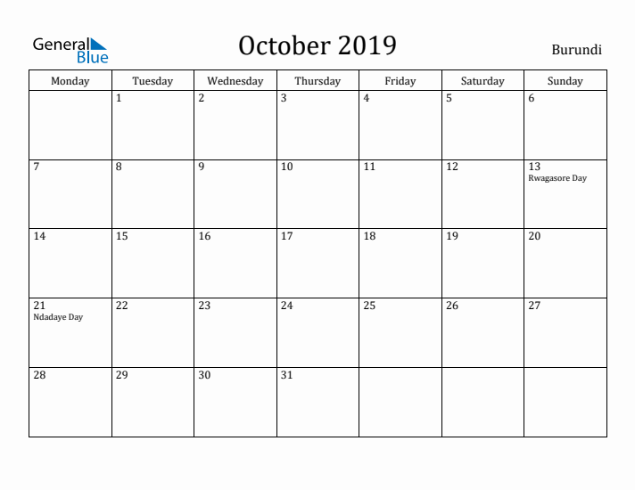 October 2019 Calendar Burundi