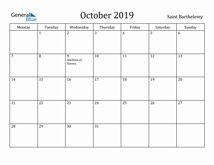 October 2019 Calendar Saint Barthelemy