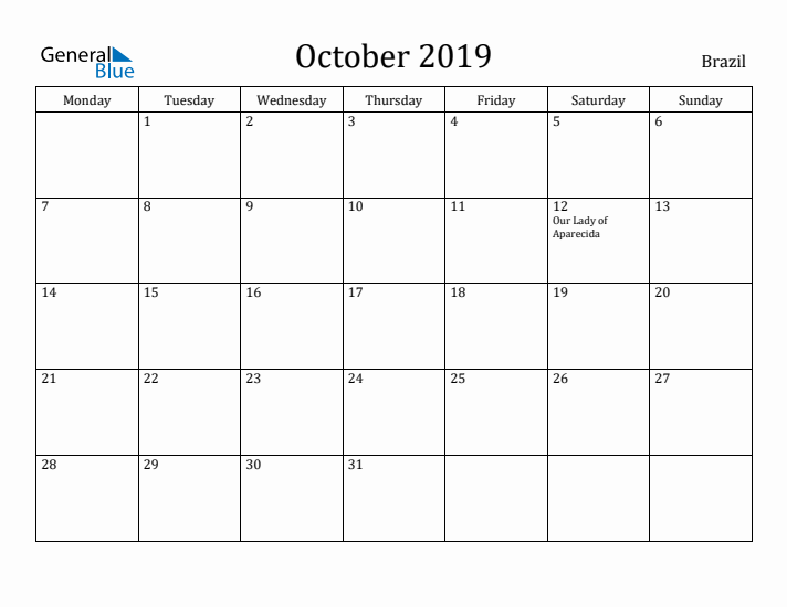 October 2019 Calendar Brazil