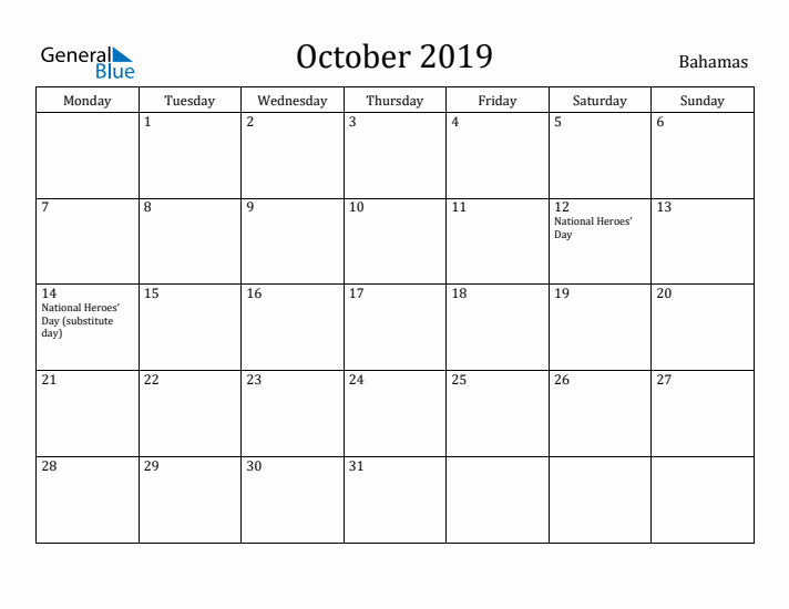October 2019 Calendar Bahamas