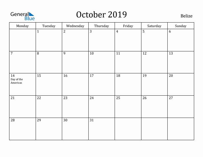 October 2019 Calendar Belize