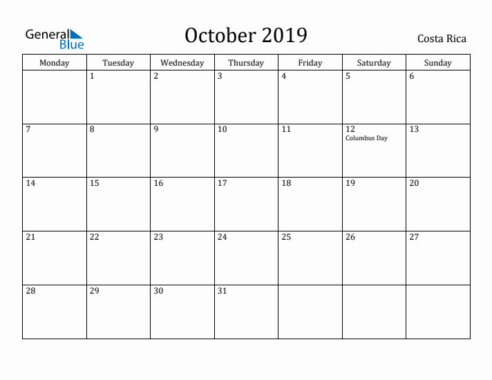 October 2019 Calendar Costa Rica