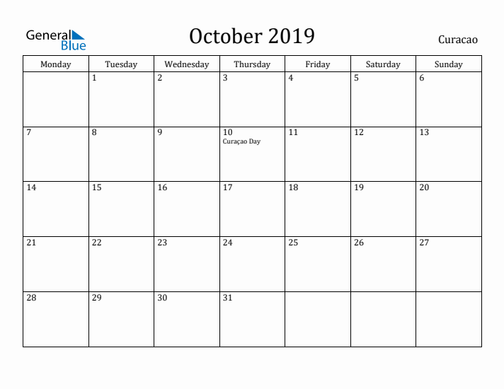 October 2019 Calendar Curacao