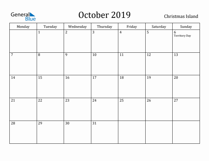 October 2019 Calendar Christmas Island