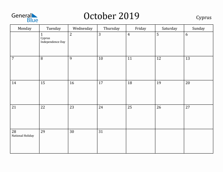 October 2019 Calendar Cyprus