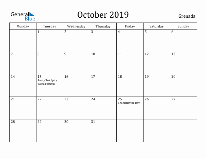 October 2019 Calendar Grenada