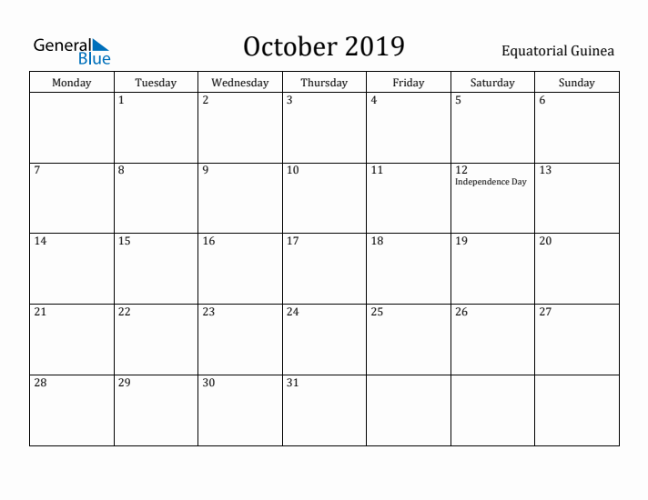 October 2019 Calendar Equatorial Guinea