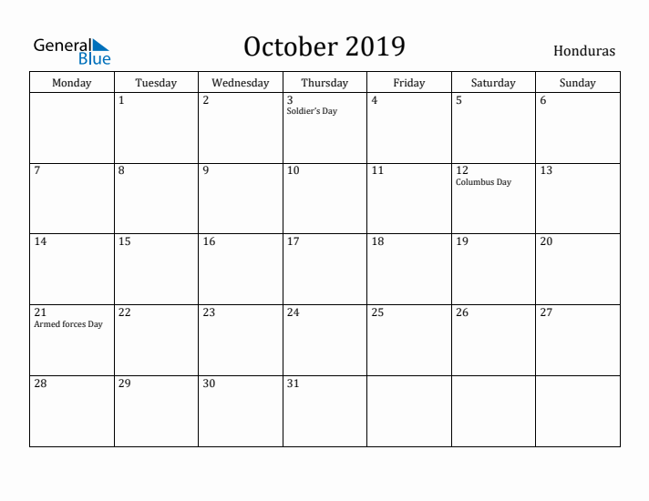 October 2019 Calendar Honduras
