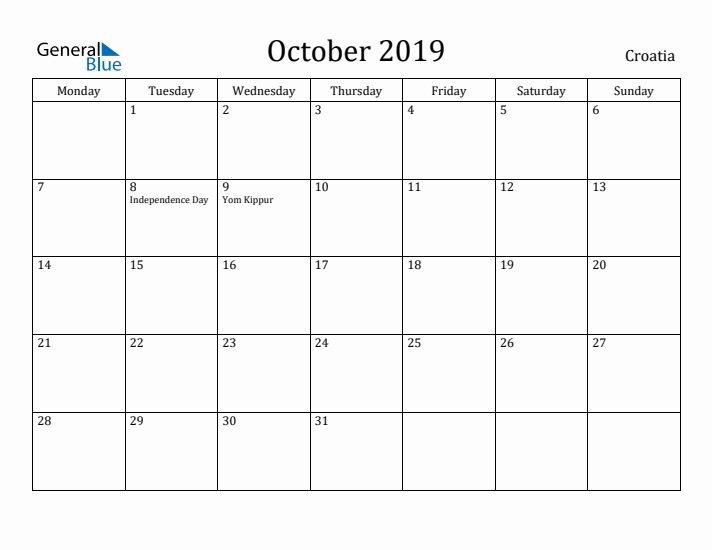 October 2019 Calendar Croatia