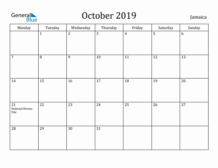 October 2019 Calendar Jamaica
