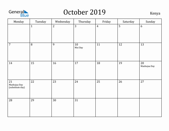 October 2019 Calendar Kenya