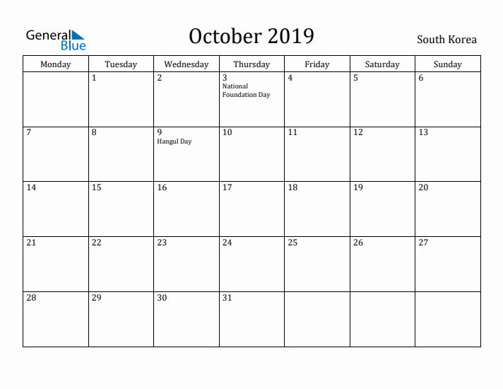 October 2019 Calendar South Korea