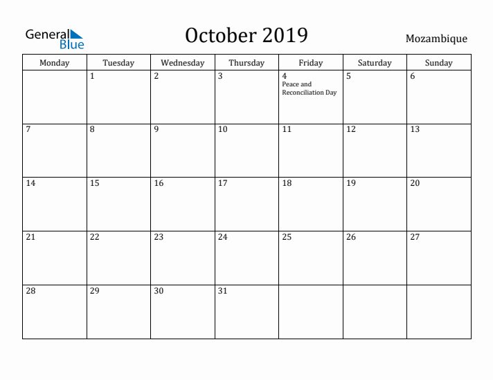 October 2019 Calendar Mozambique