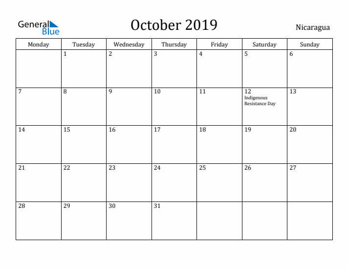 October 2019 Calendar Nicaragua