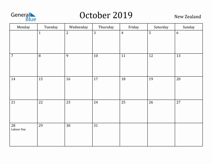 October 2019 Calendar New Zealand
