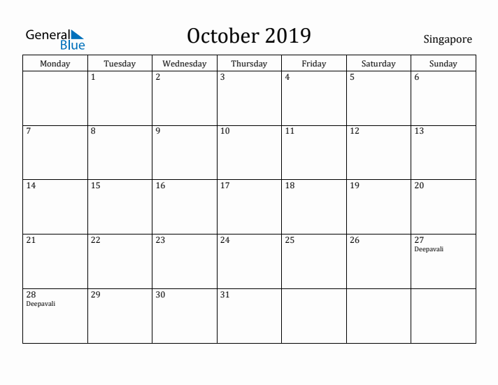 October 2019 Calendar Singapore
