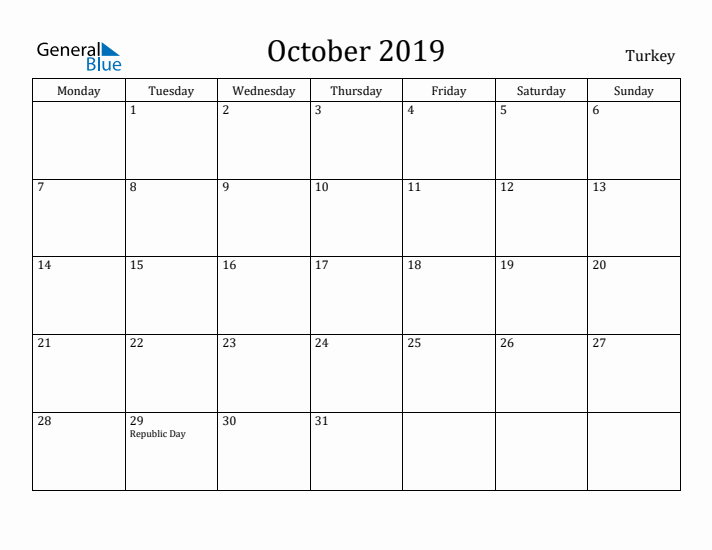 October 2019 Calendar Turkey