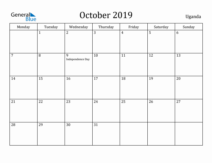 October 2019 Calendar Uganda