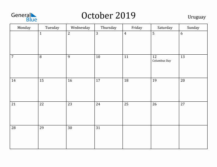 October 2019 Calendar Uruguay